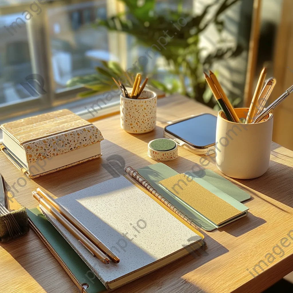 Tidy desk with eco-friendly office supplies in warm lighting - Image 2