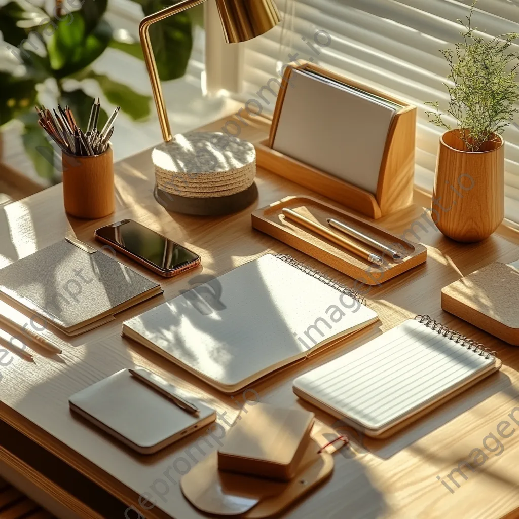 Tidy desk with eco-friendly office supplies in warm lighting - Image 4