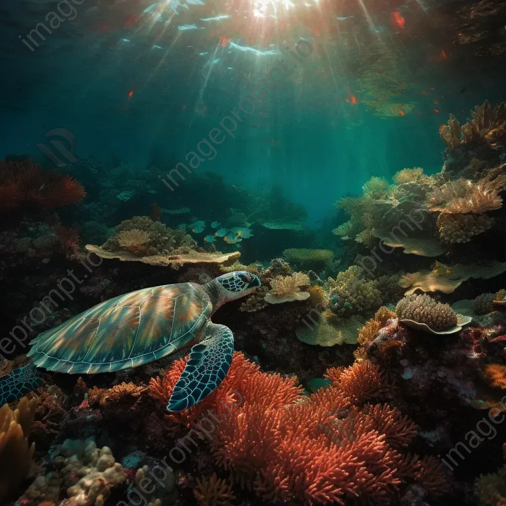 Image of a leatherback sea turtle gliding through a vibrant coral reef - Image 1