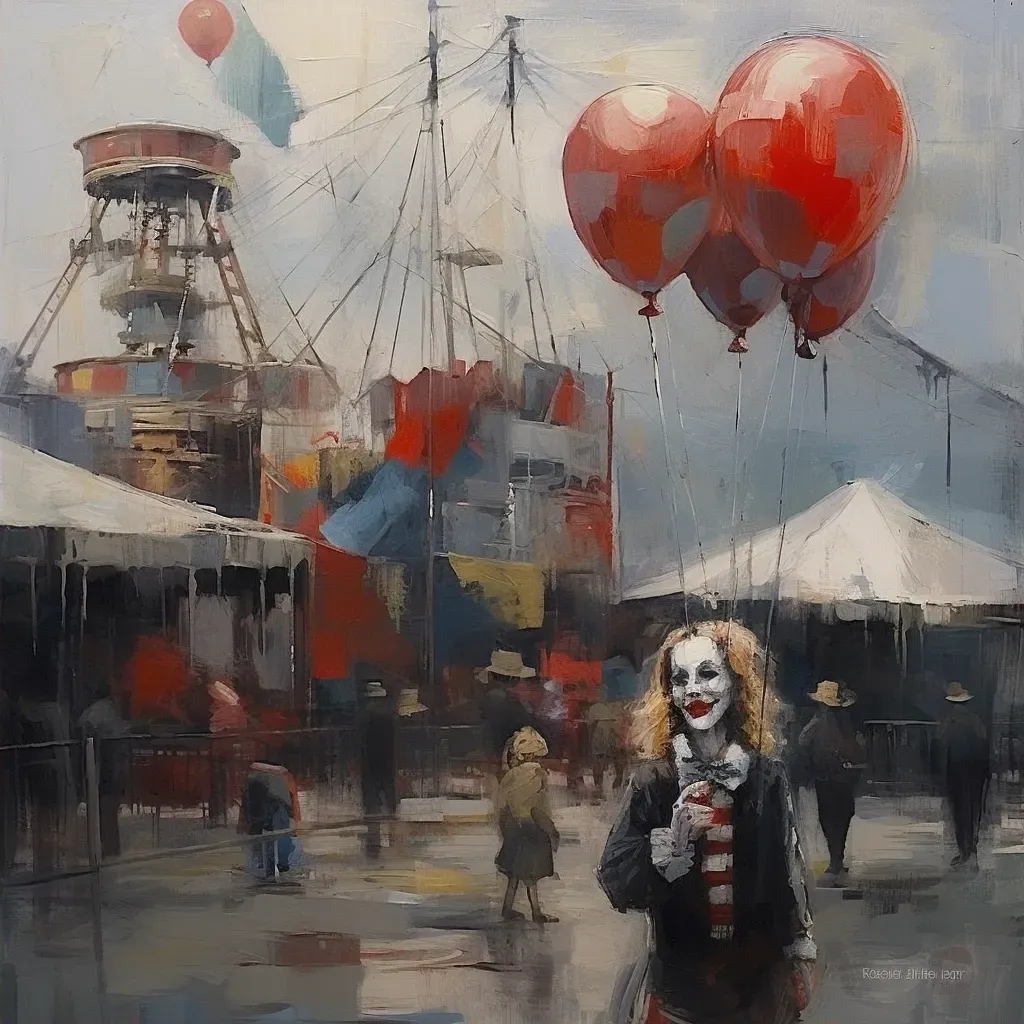 Image of a sinister carnival with abandoned rides and lifelike clown faces - Image 2