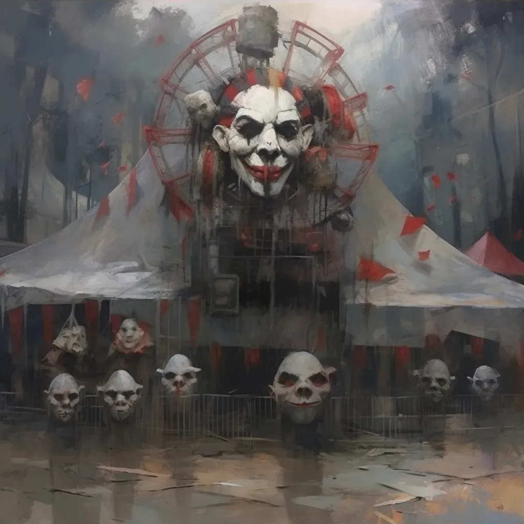 Image of a sinister carnival with abandoned rides and lifelike clown faces - Image 3