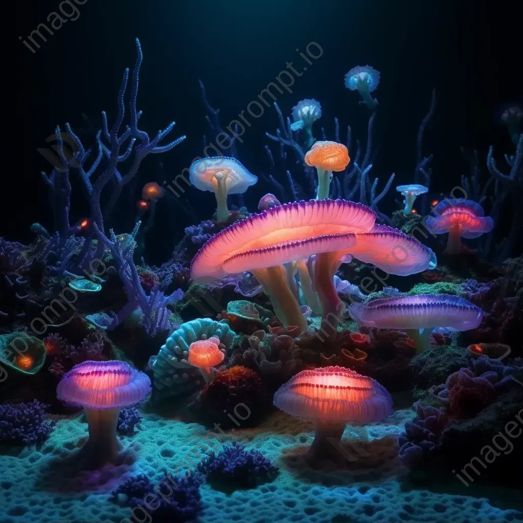 Luminous coral reef with bioluminescent creatures at twilight, shot with a Sony Alpha 1. - Image 1