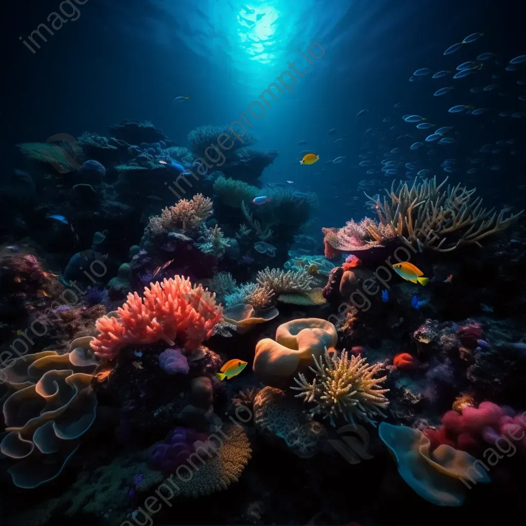 Luminous coral reef with bioluminescent creatures at twilight, shot with a Sony Alpha 1. - Image 2