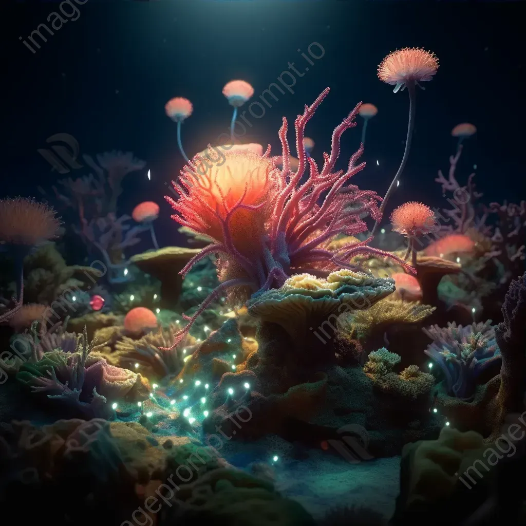 Luminous coral reef with bioluminescent creatures at twilight, shot with a Sony Alpha 1. - Image 3