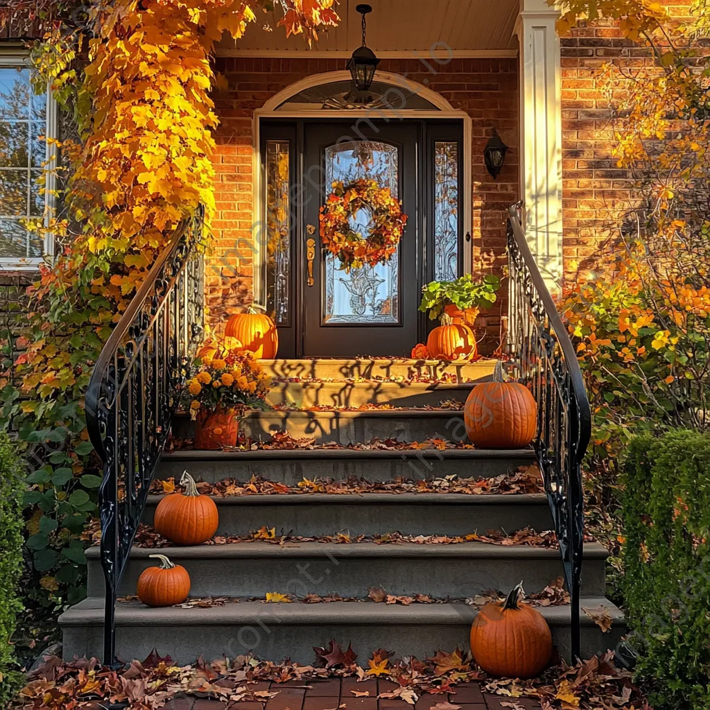 Stairway decorated with autumn leaves and pumpkins under warm light - Image 2