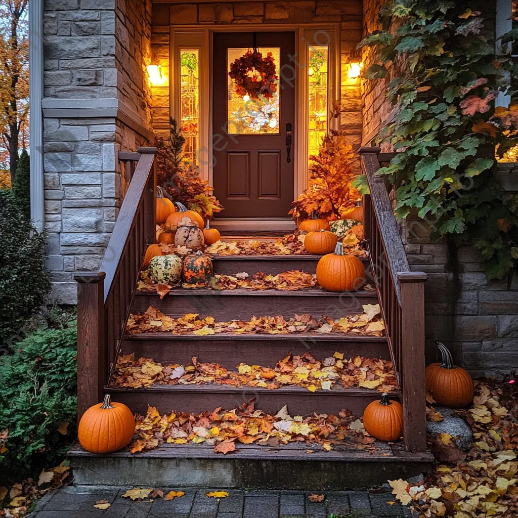 Stairway decorated with autumn leaves and pumpkins under warm light - Image 3