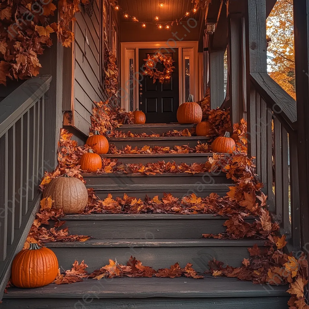 Stairway decorated with autumn leaves and pumpkins under warm light - Image 4