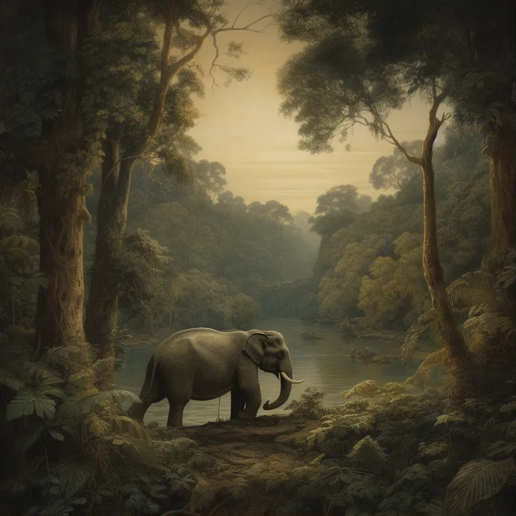 Image of a Sumatran elephant walking along the riverbank in the Indonesian jungle at dusk - Image 1