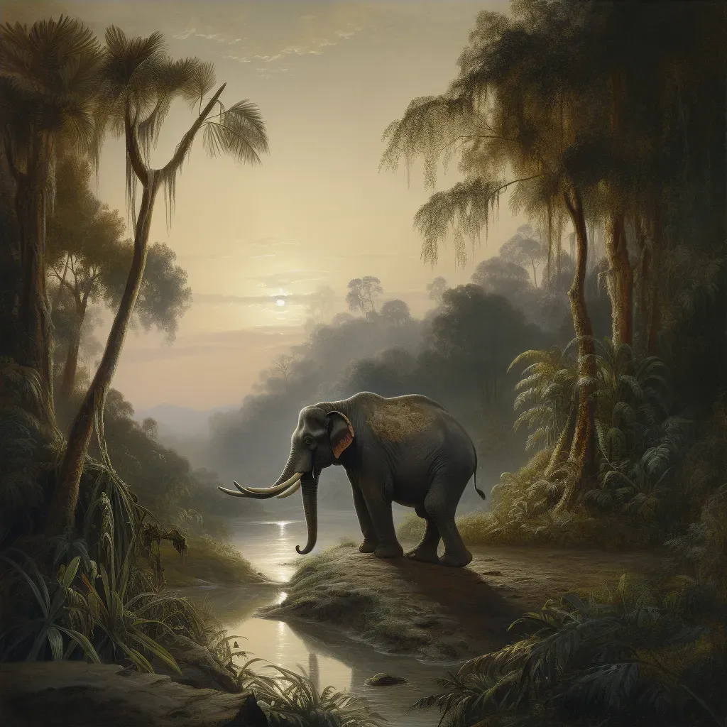 Image of a Sumatran elephant walking along the riverbank in the Indonesian jungle at dusk - Image 4