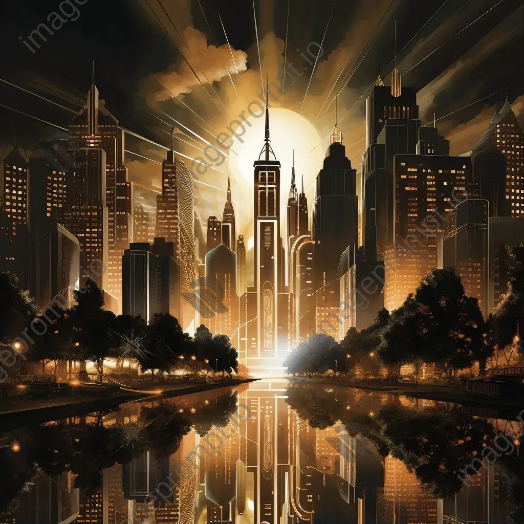 Solar light city skyline reflecting off a serene stream with echoes of Art Deco styling - Image 1