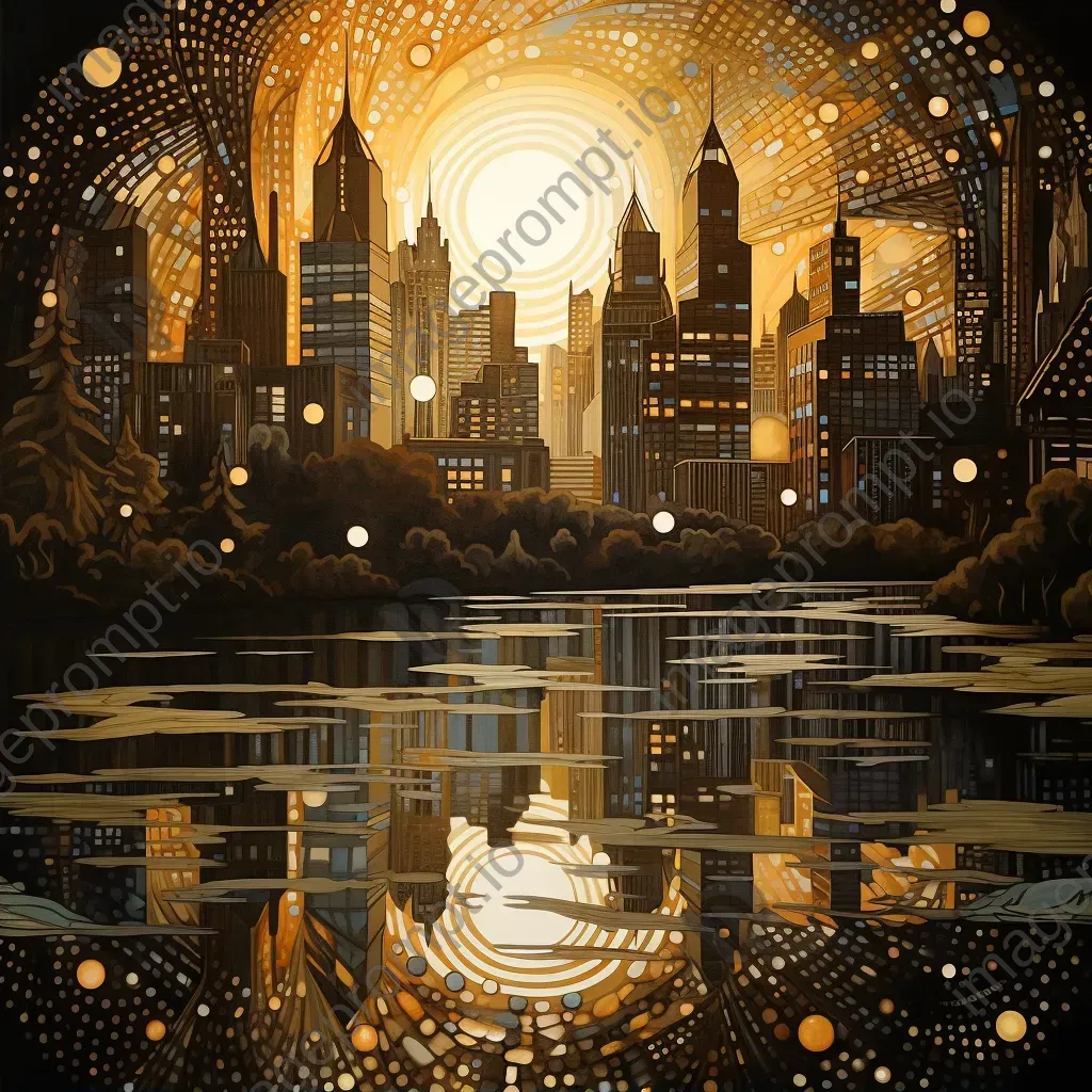 Solar light city skyline reflecting off a serene stream with echoes of Art Deco styling - Image 2