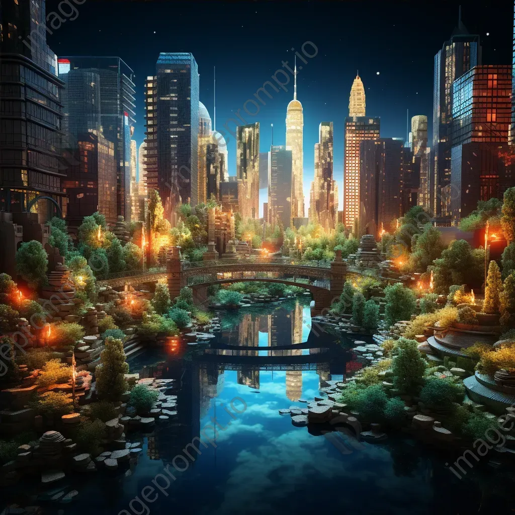 Solar light city skyline reflecting off a serene stream with echoes of Art Deco styling - Image 4