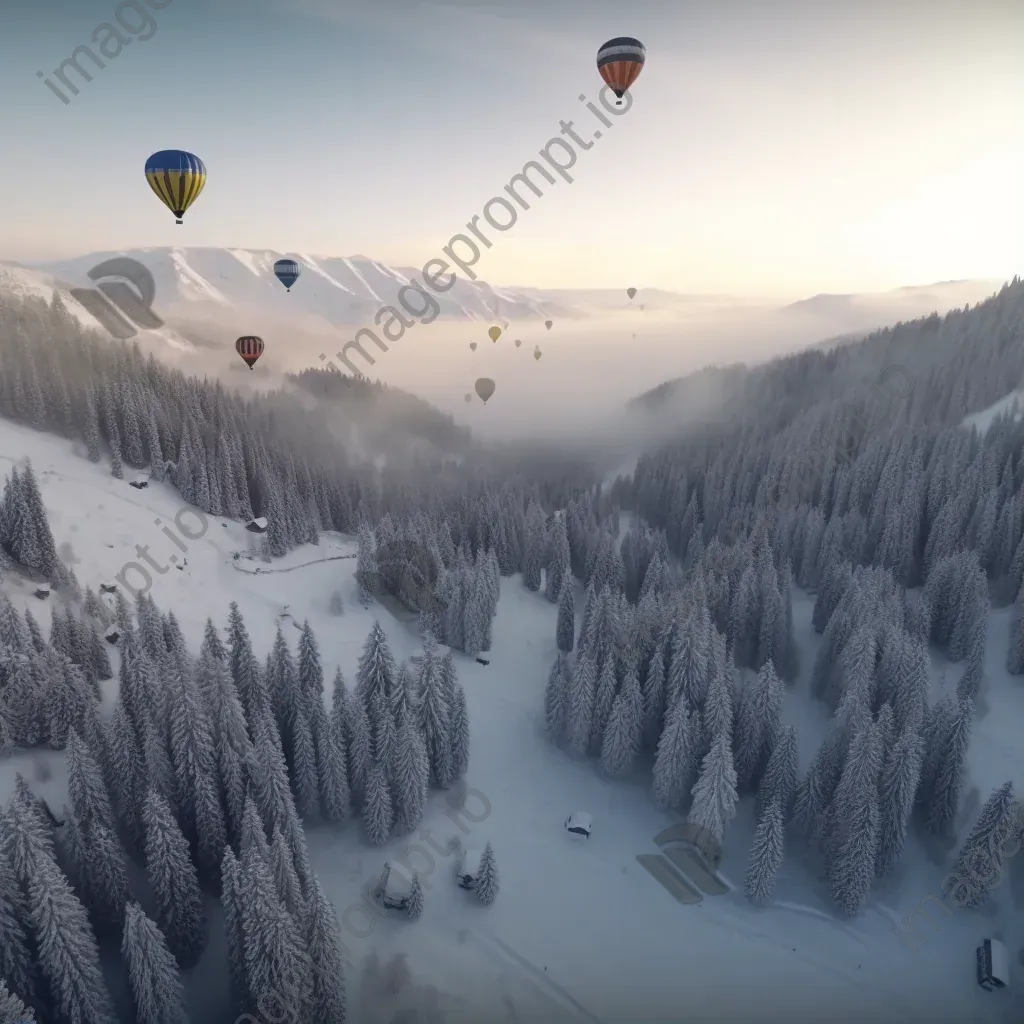 Hot air balloons flying over snow-covered mountains and forests in winter - Image 1