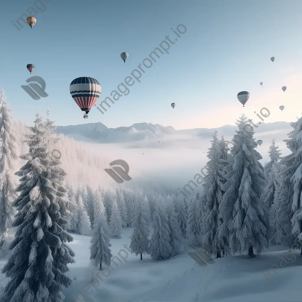 Hot air balloons flying over snow-covered mountains and forests in winter - Image 2