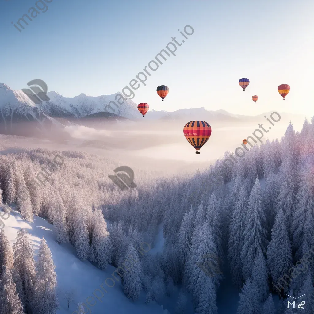 Hot air balloons flying over snow-covered mountains and forests in winter - Image 3