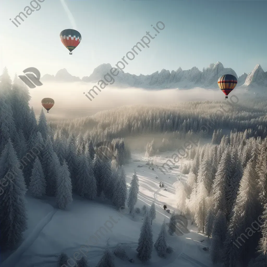 Hot air balloons flying over snow-covered mountains and forests in winter - Image 4