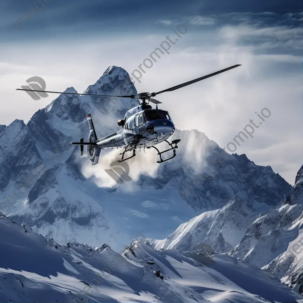 Mountain range in winter with helicopters hovering, aerial view - Image 1