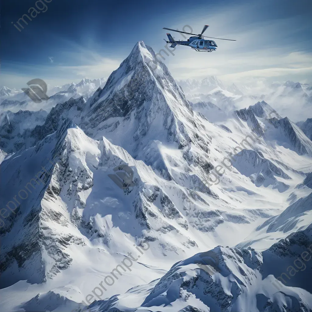 Mountain range in winter with helicopters hovering, aerial view - Image 2