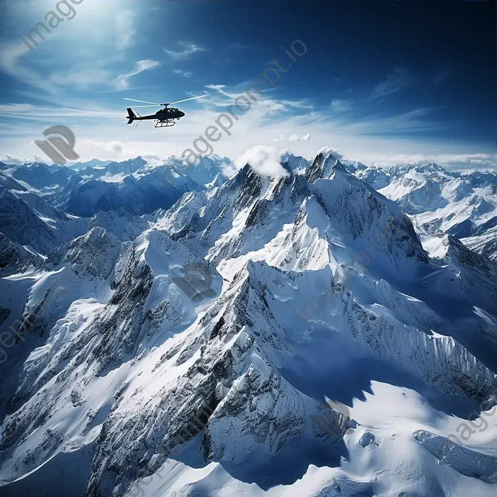 Mountain range in winter with helicopters hovering, aerial view - Image 3