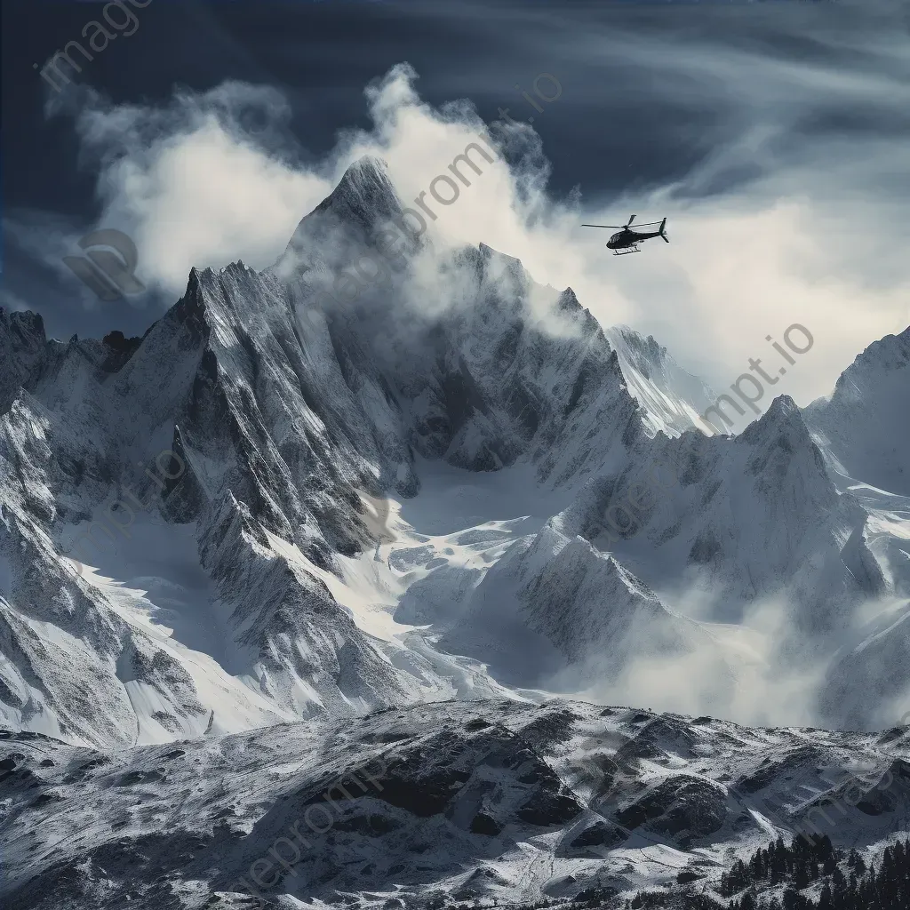 Mountain range in winter with helicopters hovering, aerial view - Image 4