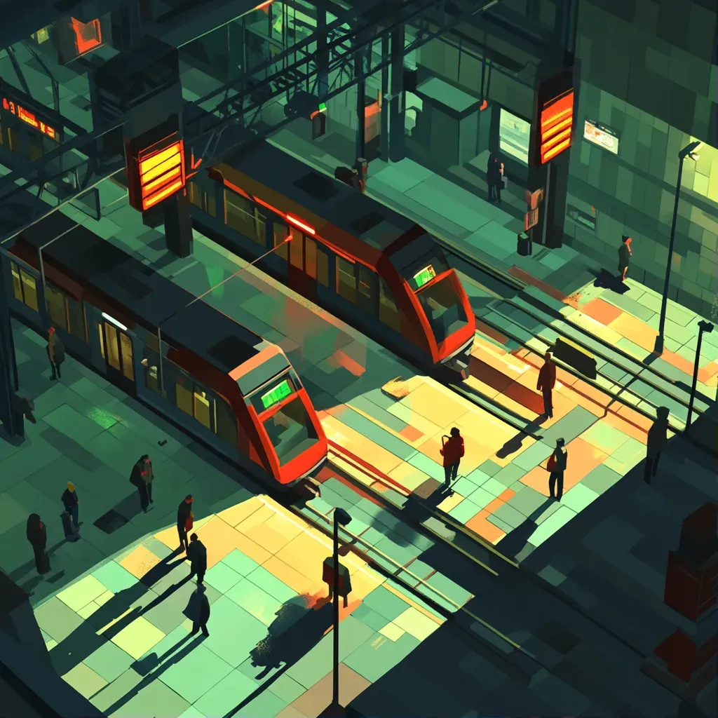 Low poly isometric view of a bustling subway station - Image 1