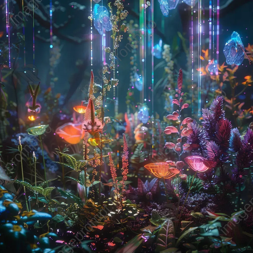 Alien garden with bioluminescent flora and floating crystals emitting rainbow lights - Image 1