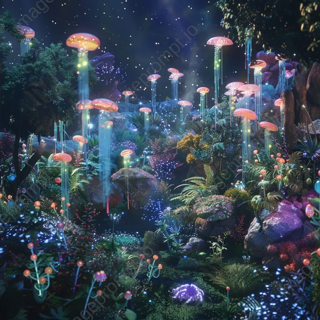 Alien garden with bioluminescent flora and floating crystals emitting rainbow lights - Image 2