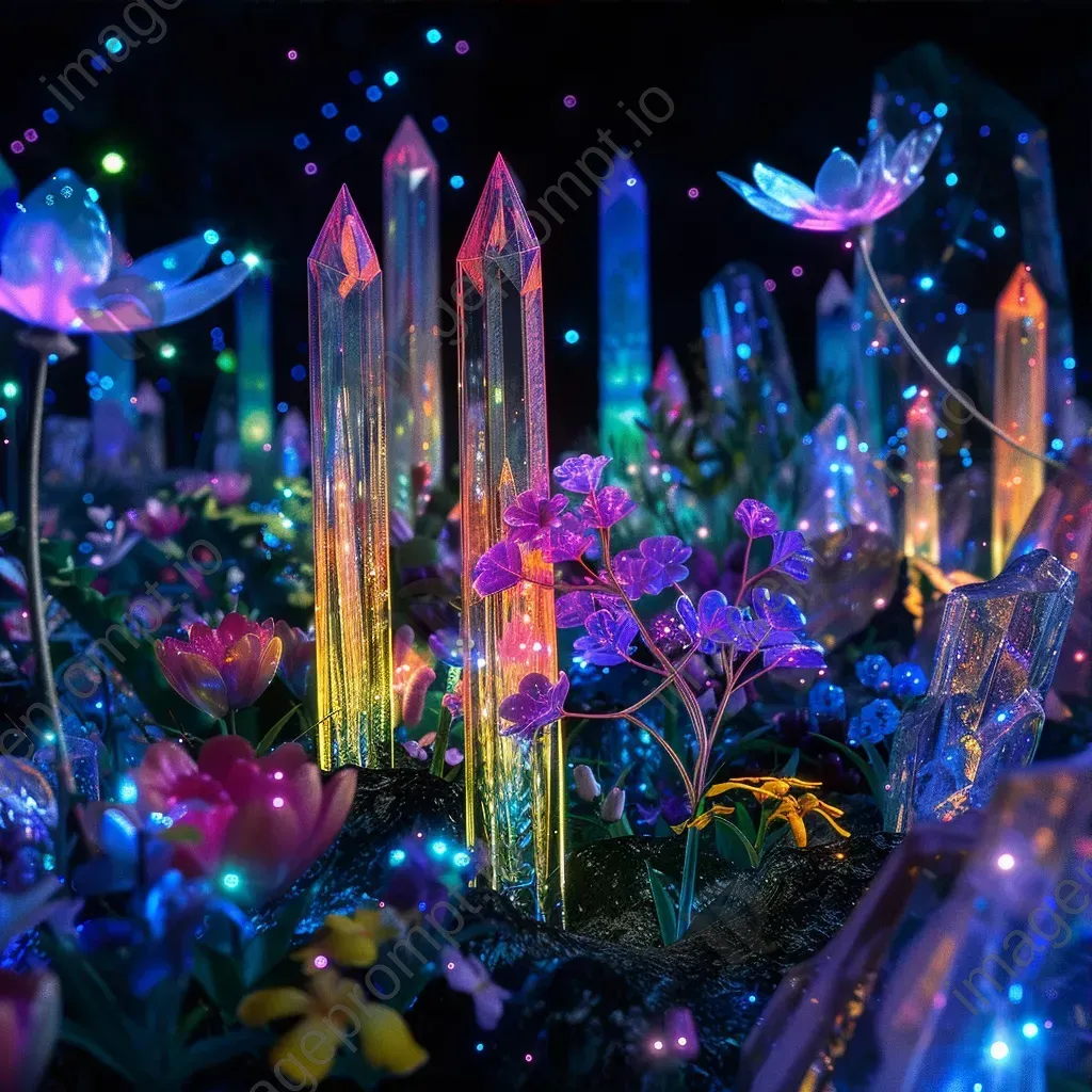 Alien garden with bioluminescent flora and floating crystals emitting rainbow lights - Image 3