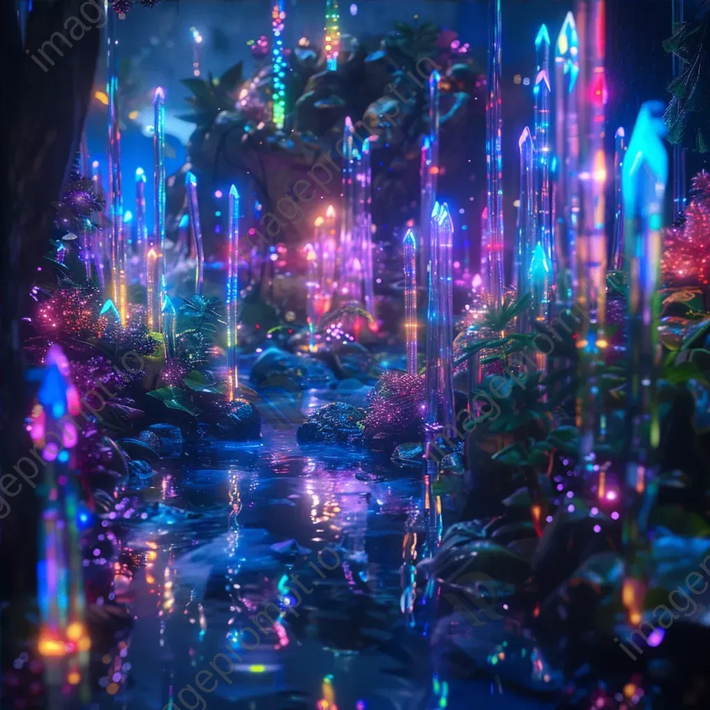 Alien garden with bioluminescent flora and floating crystals emitting rainbow lights - Image 4