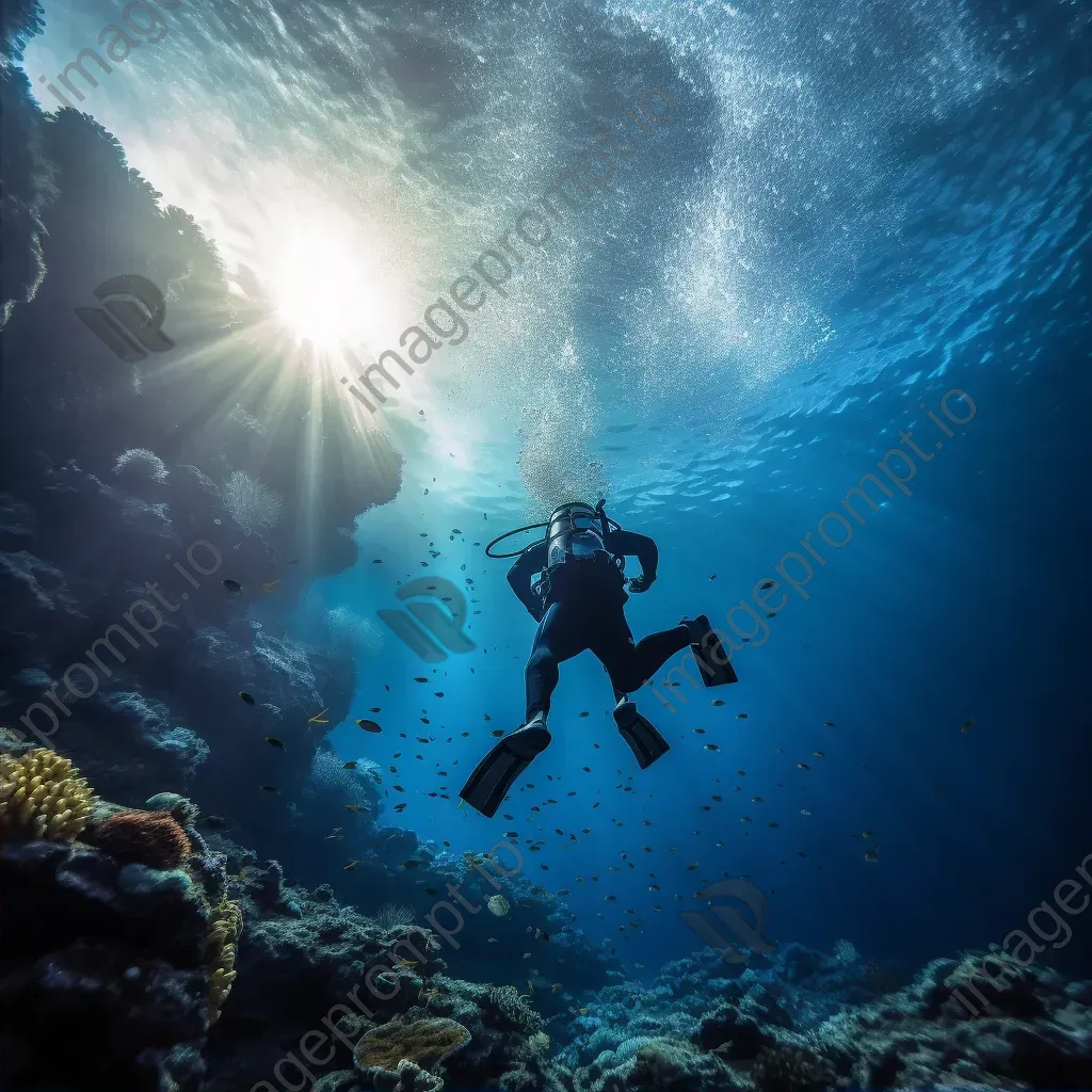 Diver plunging into deep blue ocean waters amidst coral reef. - Image 2