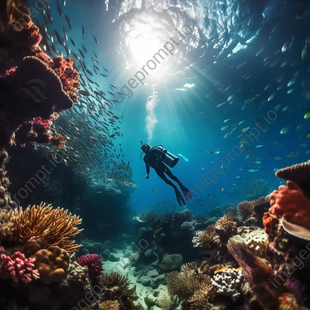 Diver plunging into deep blue ocean waters amidst coral reef. - Image 3