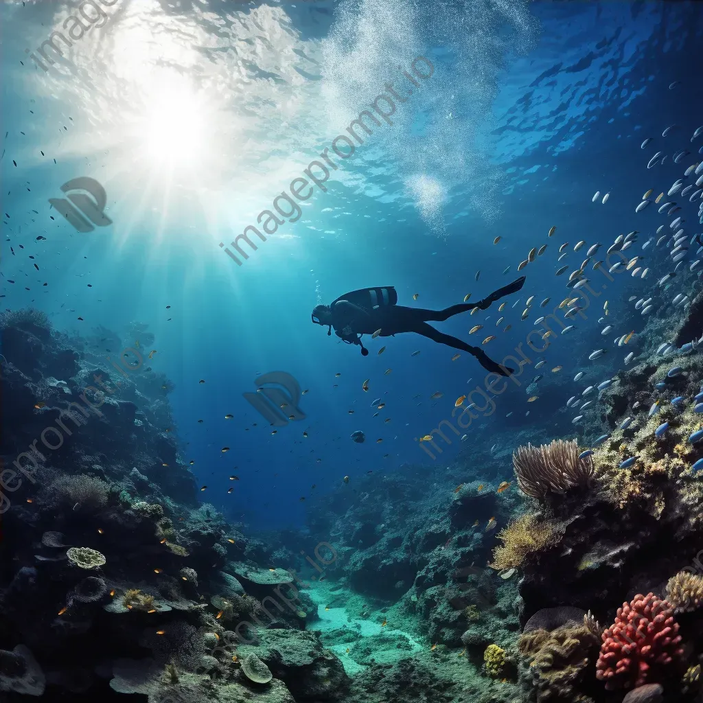 Diver plunging into deep blue ocean waters amidst coral reef. - Image 4