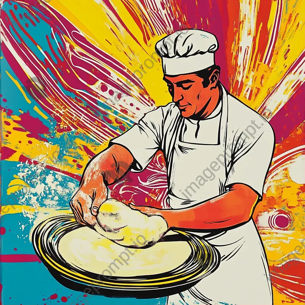 Pop art style baker energetically tossing pizza dough - Image 1