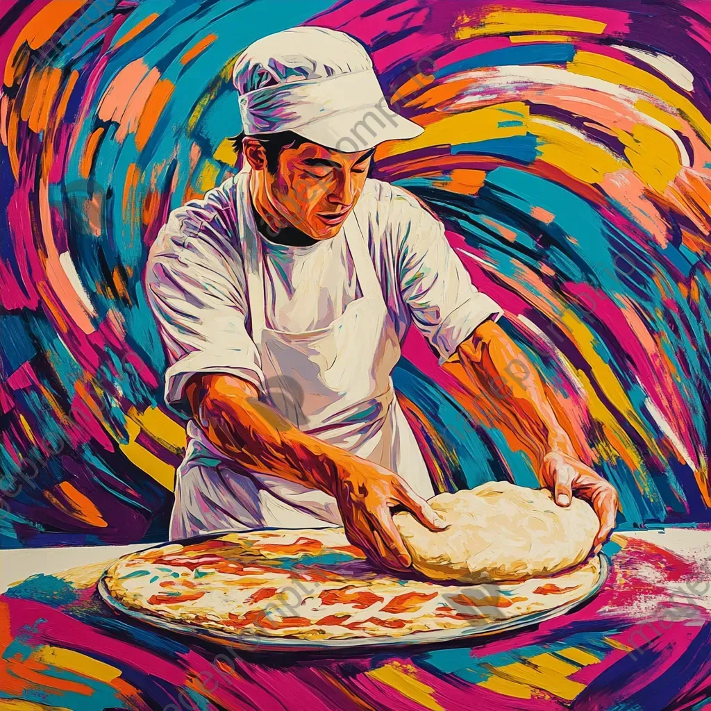 Pop art style baker energetically tossing pizza dough - Image 4