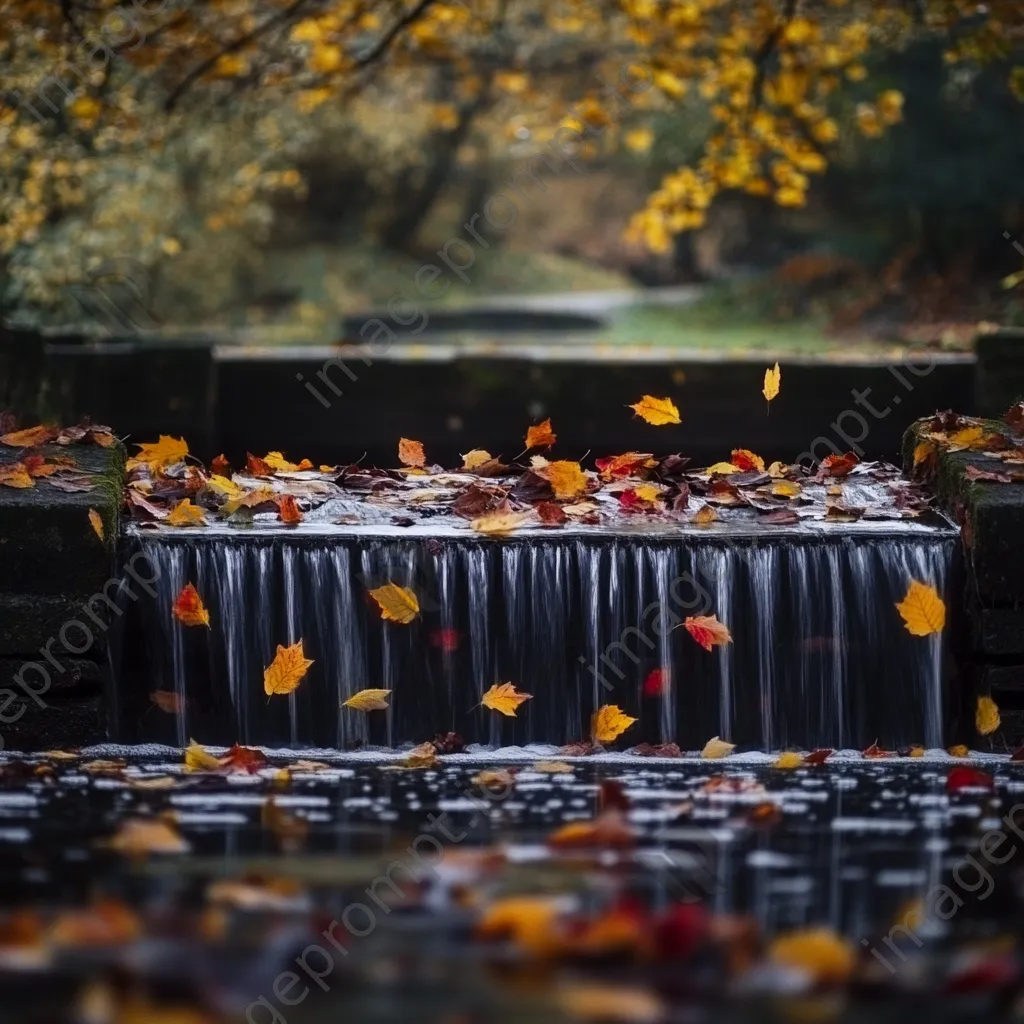 Traditional weir with autumn leaves falling around it - Image 2