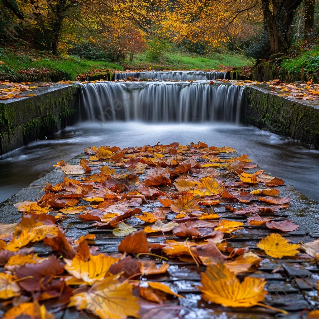 Traditional weir with autumn leaves falling around it - Image 3