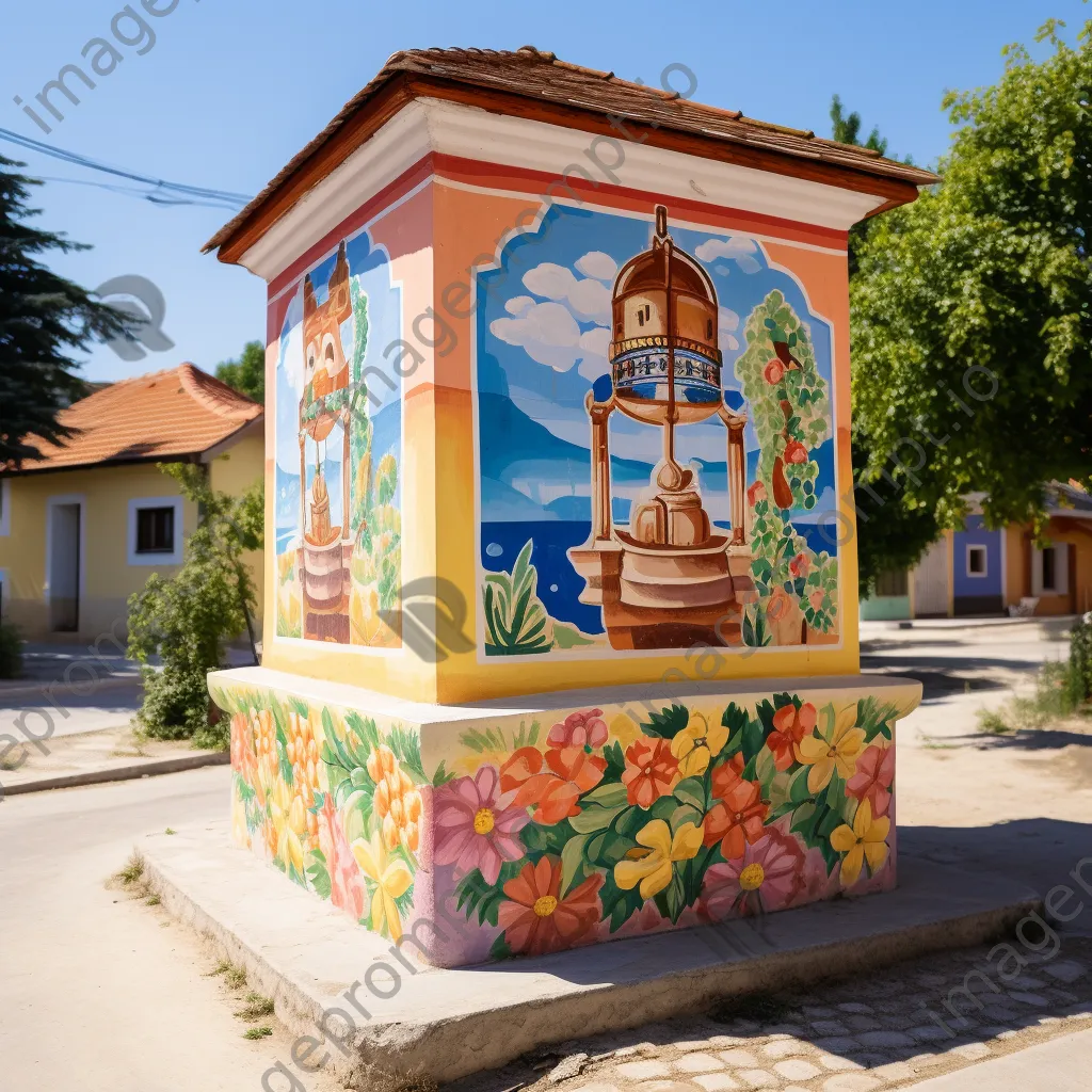 Traditional well with colorful murals in a village square - Image 1