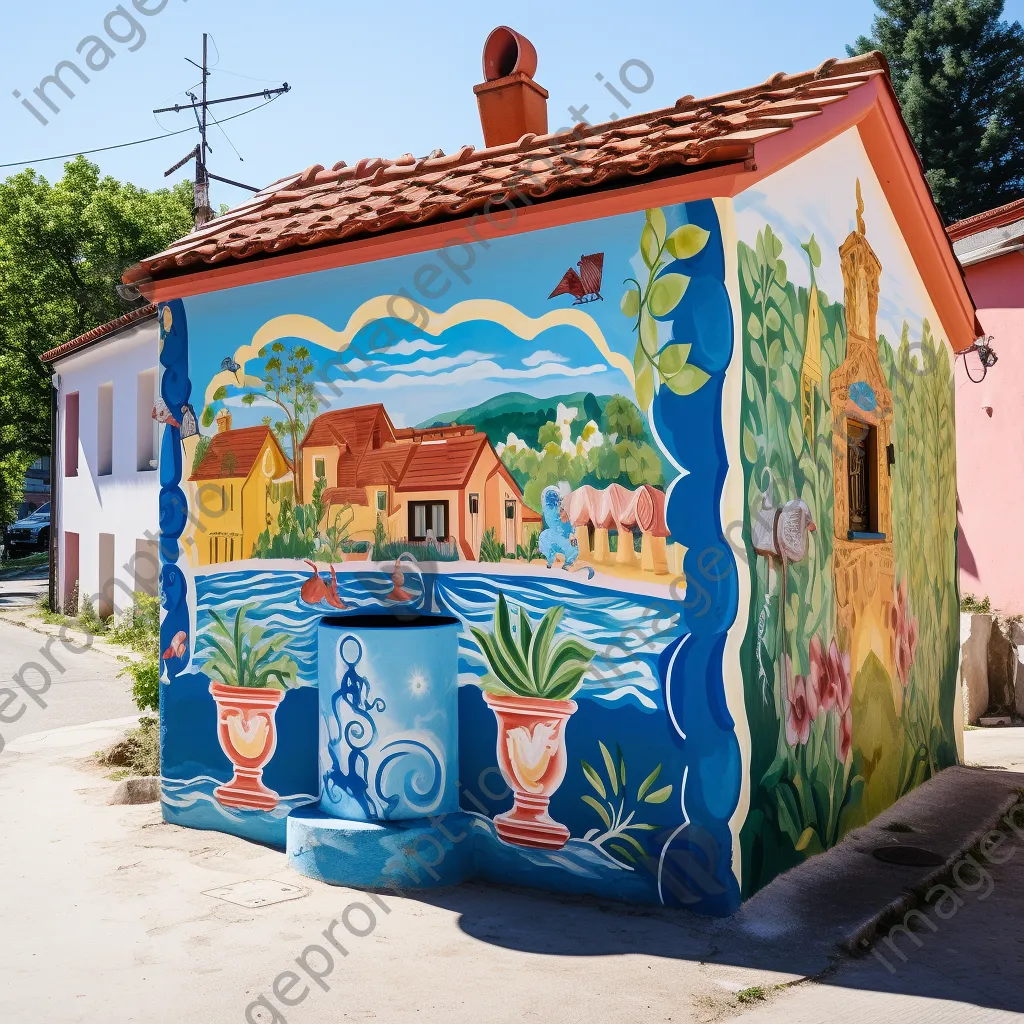 Traditional well with colorful murals in a village square - Image 2