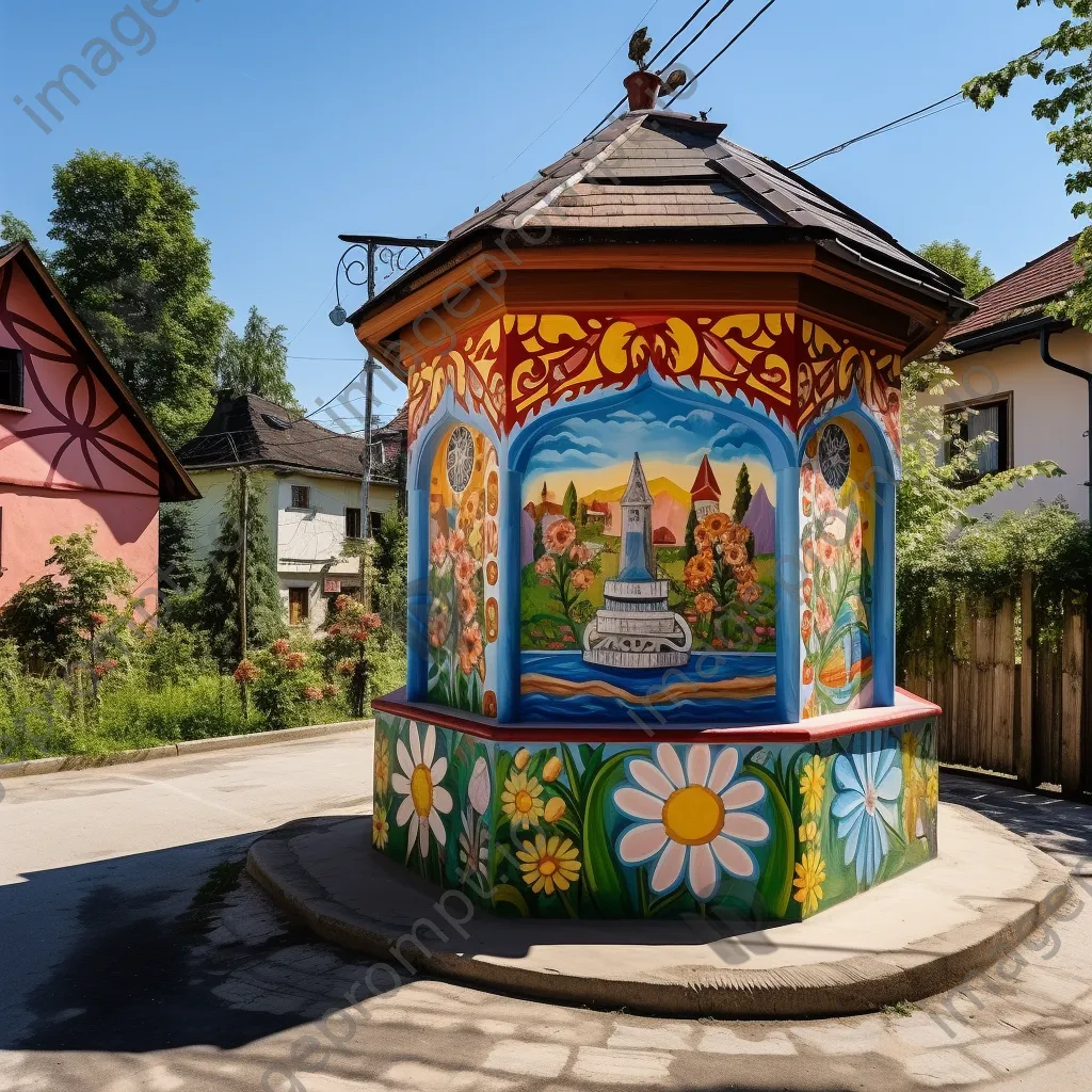 Traditional well with colorful murals in a village square - Image 4