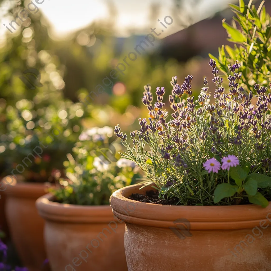 Close-up of vintage clay pots with herbs in a traditional garden - Image 1