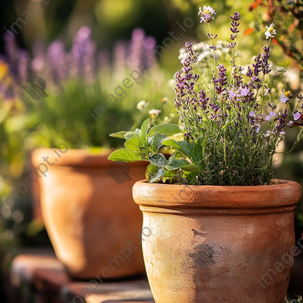 Close-up of vintage clay pots with herbs in a traditional garden - Image 2