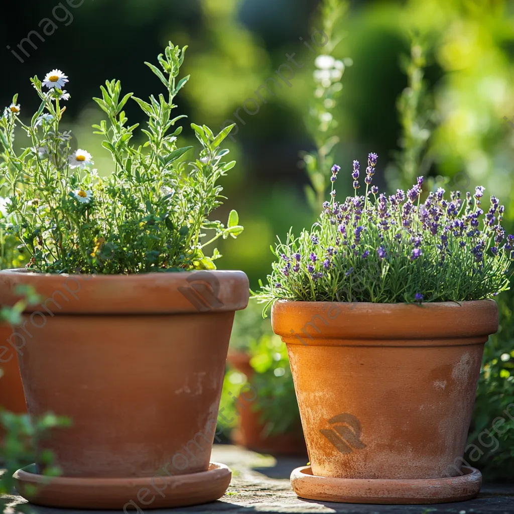 Close-up of vintage clay pots with herbs in a traditional garden - Image 3