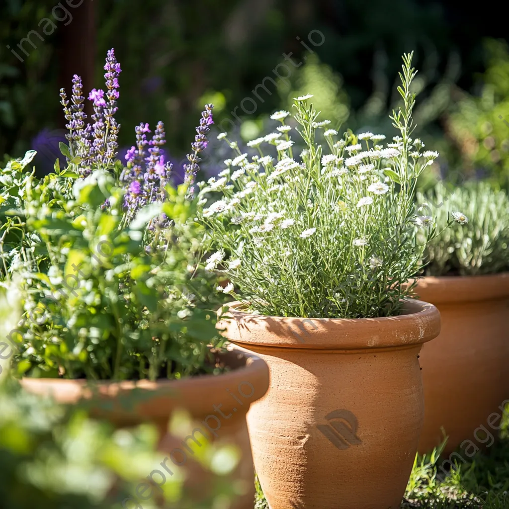 Close-up of vintage clay pots with herbs in a traditional garden - Image 4