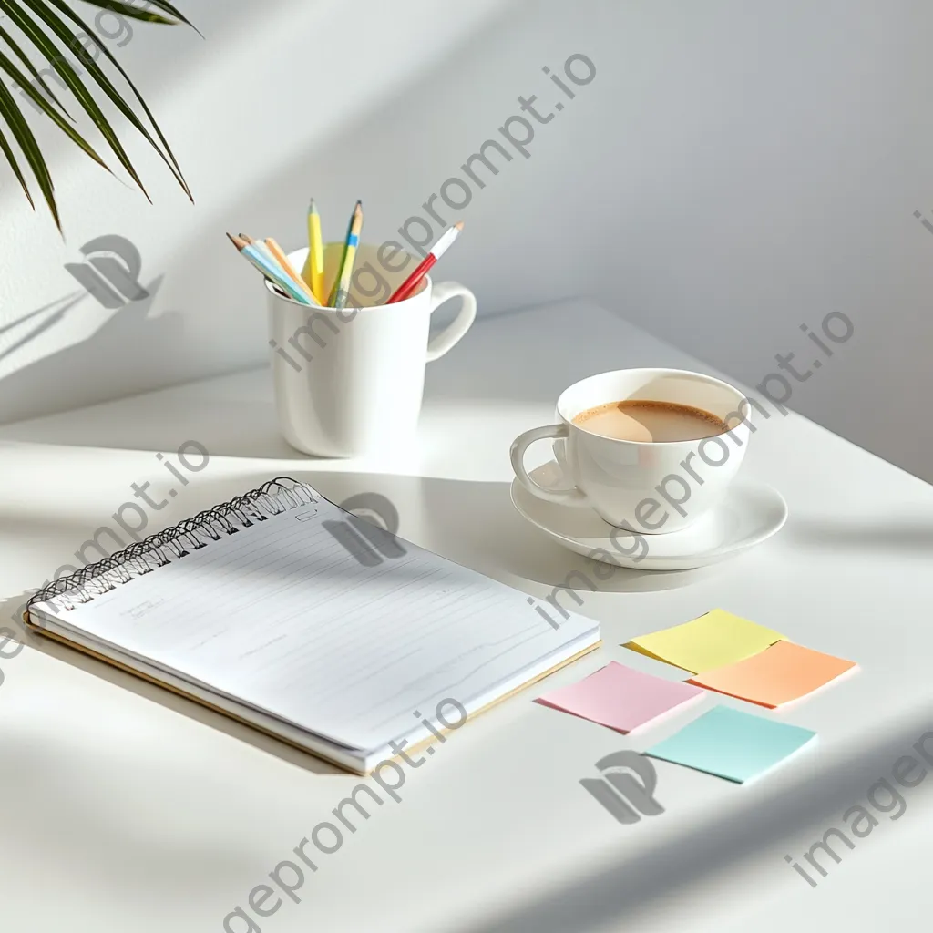 Minimalist desk with a planner, sticky notes, and coffee cup in natural light - Image 1