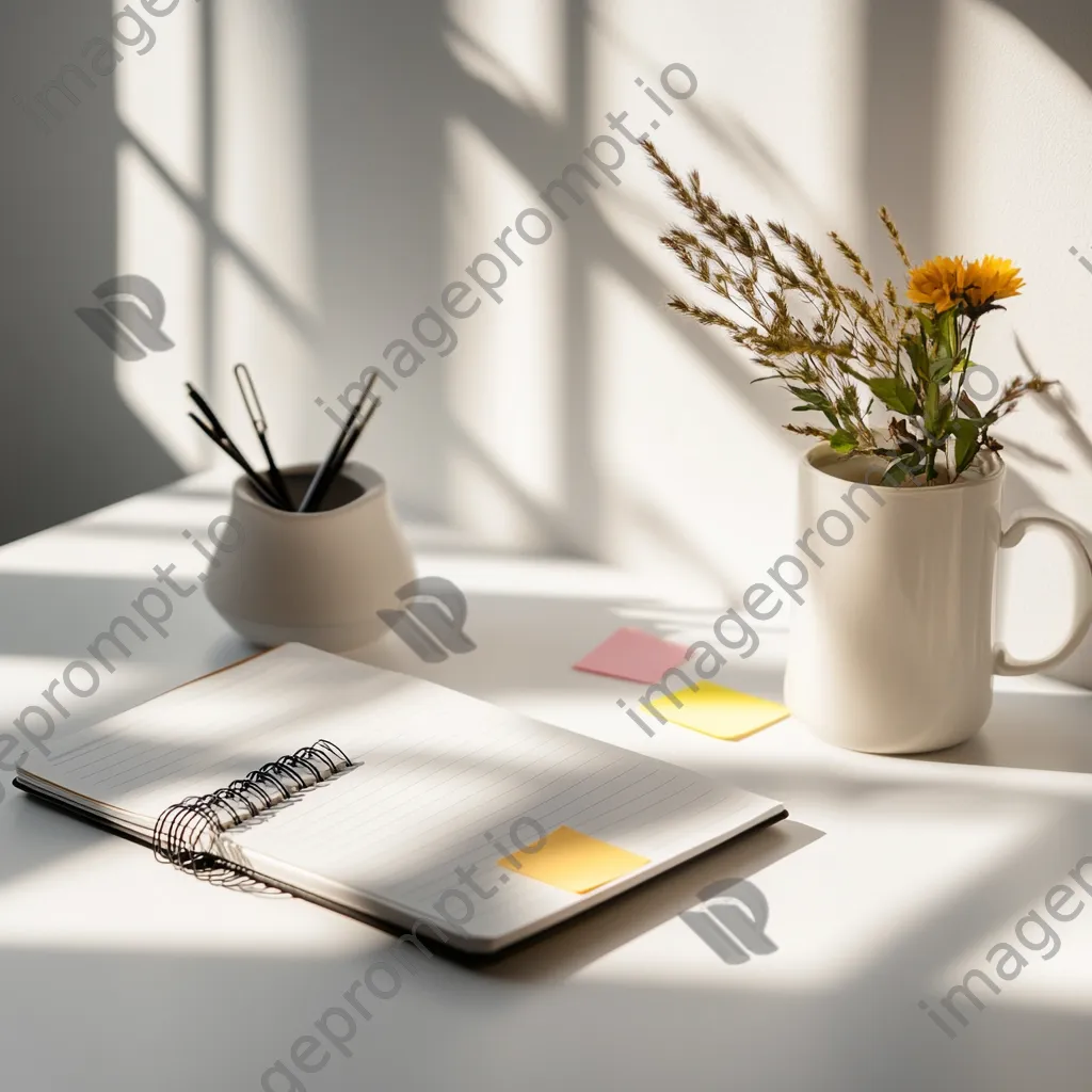 Minimalist desk with a planner, sticky notes, and coffee cup in natural light - Image 2