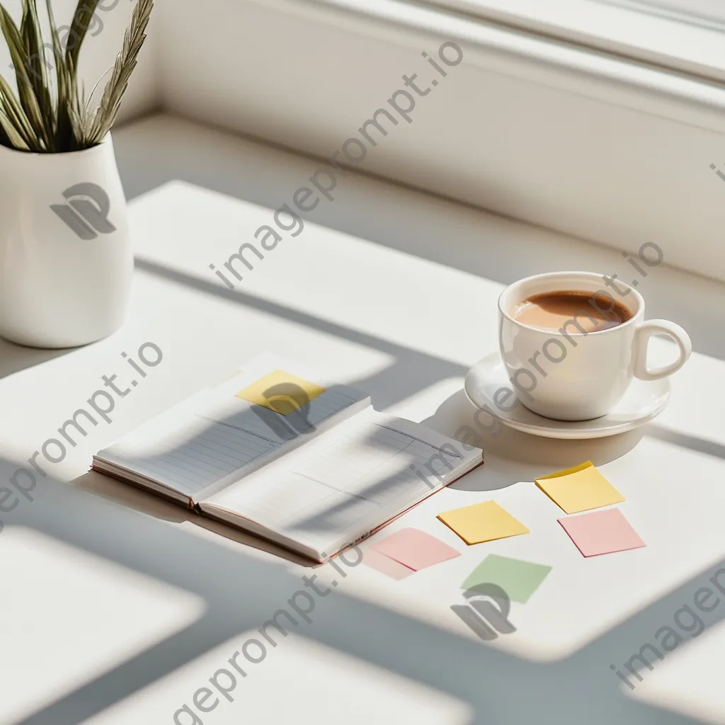 Minimalist desk with a planner, sticky notes, and coffee cup in natural light - Image 3