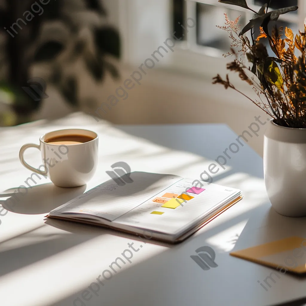 Minimalist desk with a planner, sticky notes, and coffee cup in natural light - Image 4