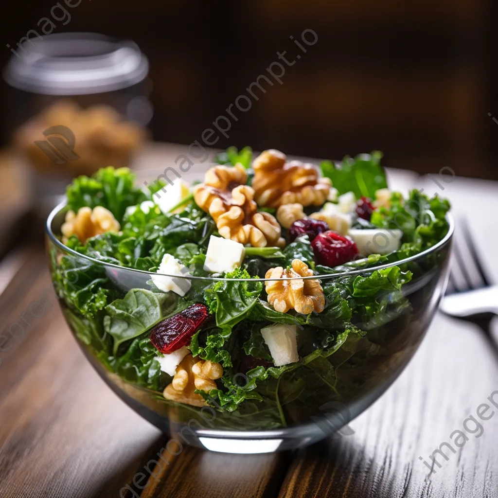 A fresh kale salad with walnuts, cranberries, and feta in a clear bowl on a wooden table. - Image 1