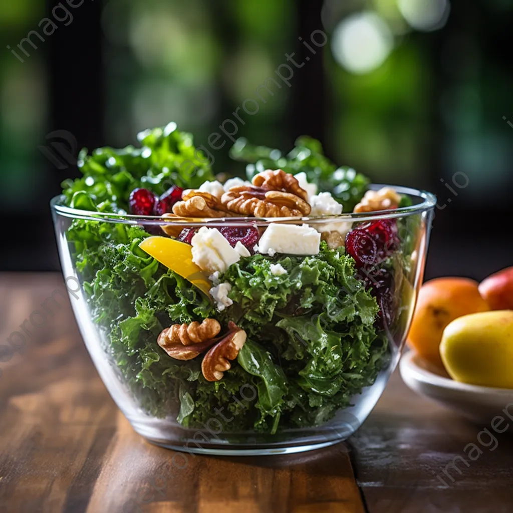 A fresh kale salad with walnuts, cranberries, and feta in a clear bowl on a wooden table. - Image 2