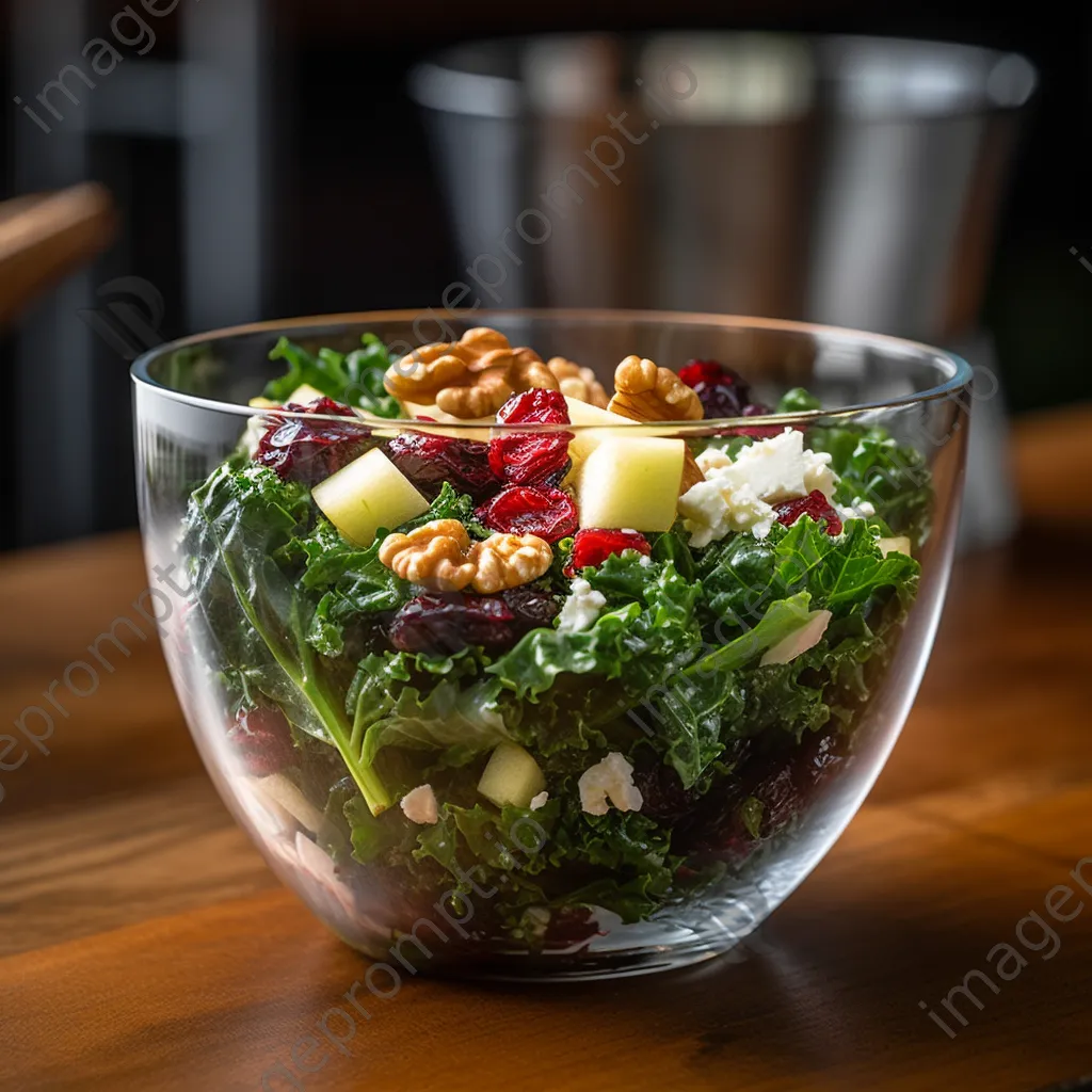 A fresh kale salad with walnuts, cranberries, and feta in a clear bowl on a wooden table. - Image 3